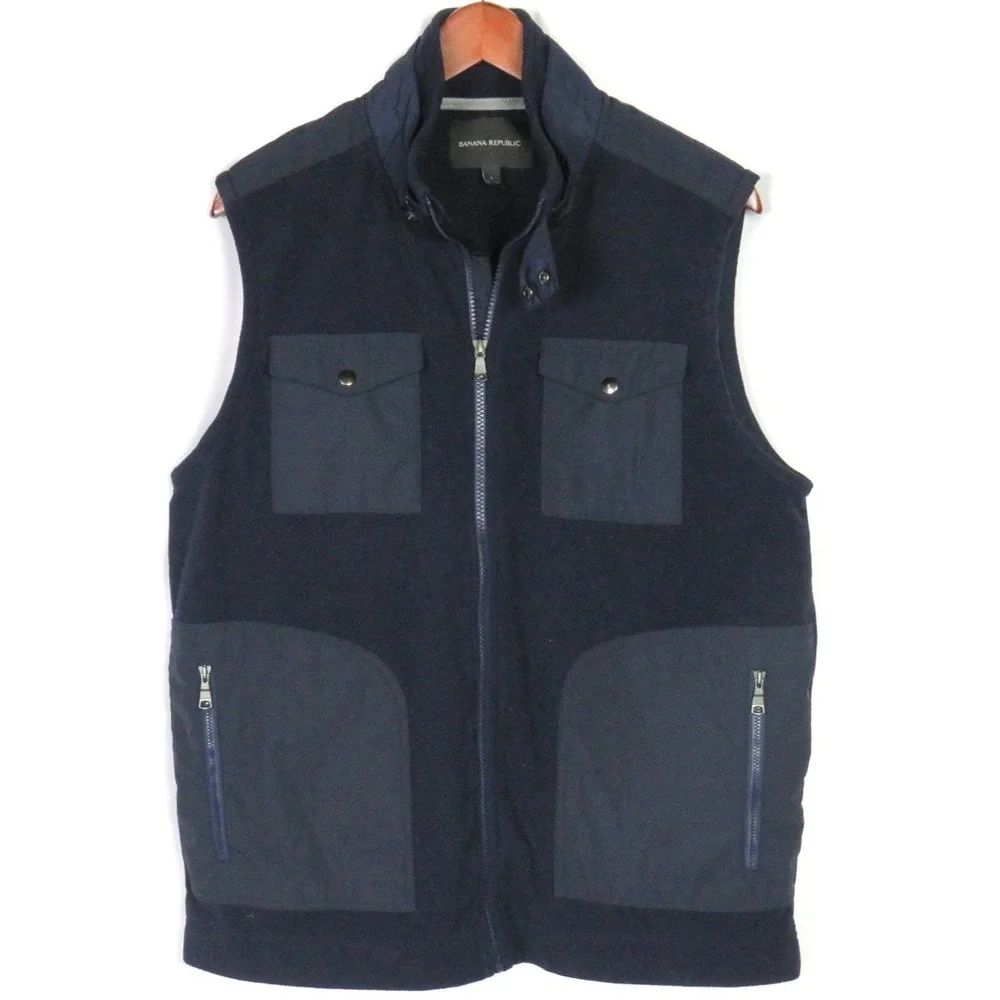Banana Republic Zip-Up Navy Blue Snap Pockets Fleece‎ Vest Jacket Men's Large